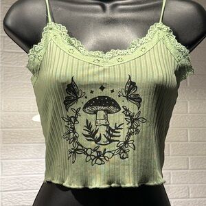 ROMWE Mint Green Camisole with Lace and Mushroom Design